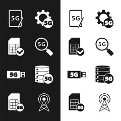 Set Search 5G network, Sim card, Graphic tablet with, Setting, modem, Server, Antenna and Card icon. Vector
