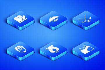 Set Mountains, Christmas mitten, Beaver animal, Hockey helmet, sweater and Ice hockey sticks and puck icon. Vector