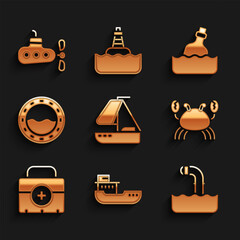 Set Yacht sailboat, Cargo ship, Periscope, Crab, First aid kit, Ship porthole, Bottle with message in water and Submarine icon. Vector