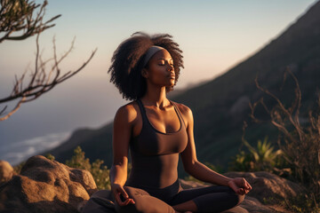 Naklejka premium Health and Wellness: A Black Female Athlete Finding Inner Peace in Nature