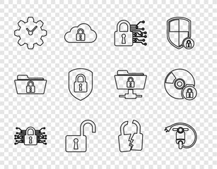 Set line Cyber security, Electric scooter, Open padlock, Time Management, Shield with, Broken or cracked and CD DVD disk icon. Vector