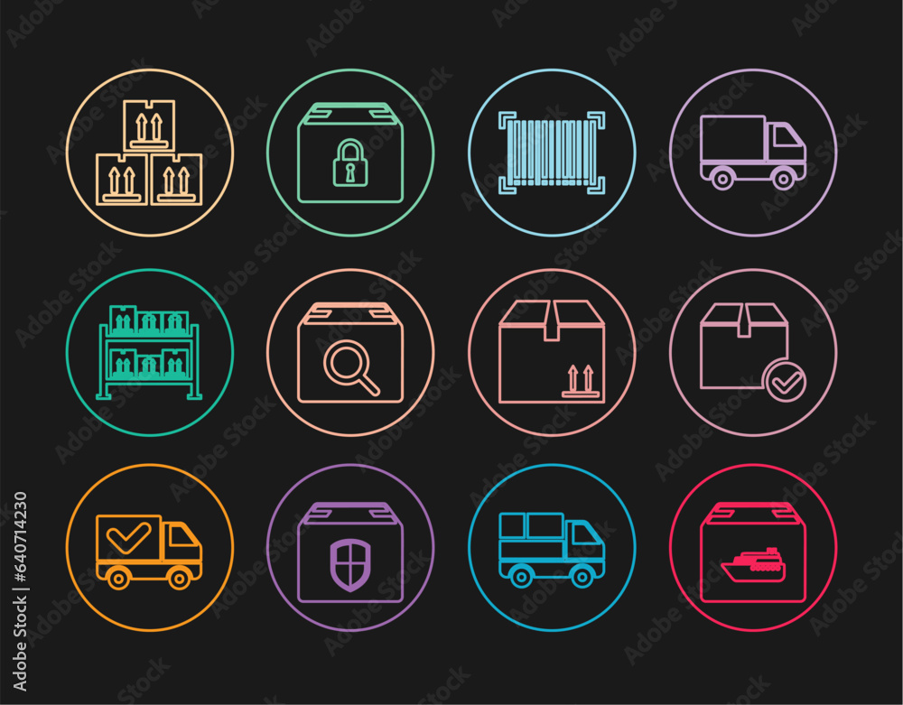 Canvas Prints Set line Cargo ship with boxes, Package check mark, Barcode, Search package, Warehouse, Cardboard traffic, and Locked icon. Vector