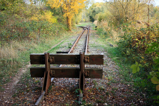 Old Mine Railway Buffer Stop near a Gravel Pit in Leipzig, Germany
