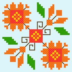 seamless pattern with flowers. tribal pattern. local fabric pattern. pixel pattern. cross stitch - obrazy, fototapety, plakaty