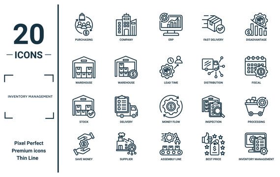 Inventory Management Linear Icon Set. Includes Thin Line Purchasing, Warehouse, Stock, Save Money, Inventory Management, Lead Time, Processing Icons For Report, Presentation, Diagram, Web Design