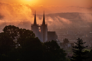 View over Bamberg and the Michelsberg monastery at sunrise