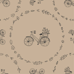 Seamless pattern with bicycle and flowers, plants. Doodle style. Linear vector illustration. 