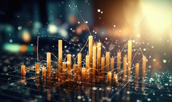 Financial Stock Market Graph And Candlestick Chart On Abstract Background. Double Exposure