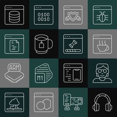 Set line Headphones, Hacker or coder, Software, Browser with shield, Cup tea tea bag, Server, Data, Web Hosting and Loading data window icon. Vector