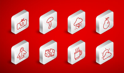 Set line Sun and cloud weather, Mushroom, Storm, Pear, Cup of tea, Pumpkin, Socks and Raincoat icon. Vector