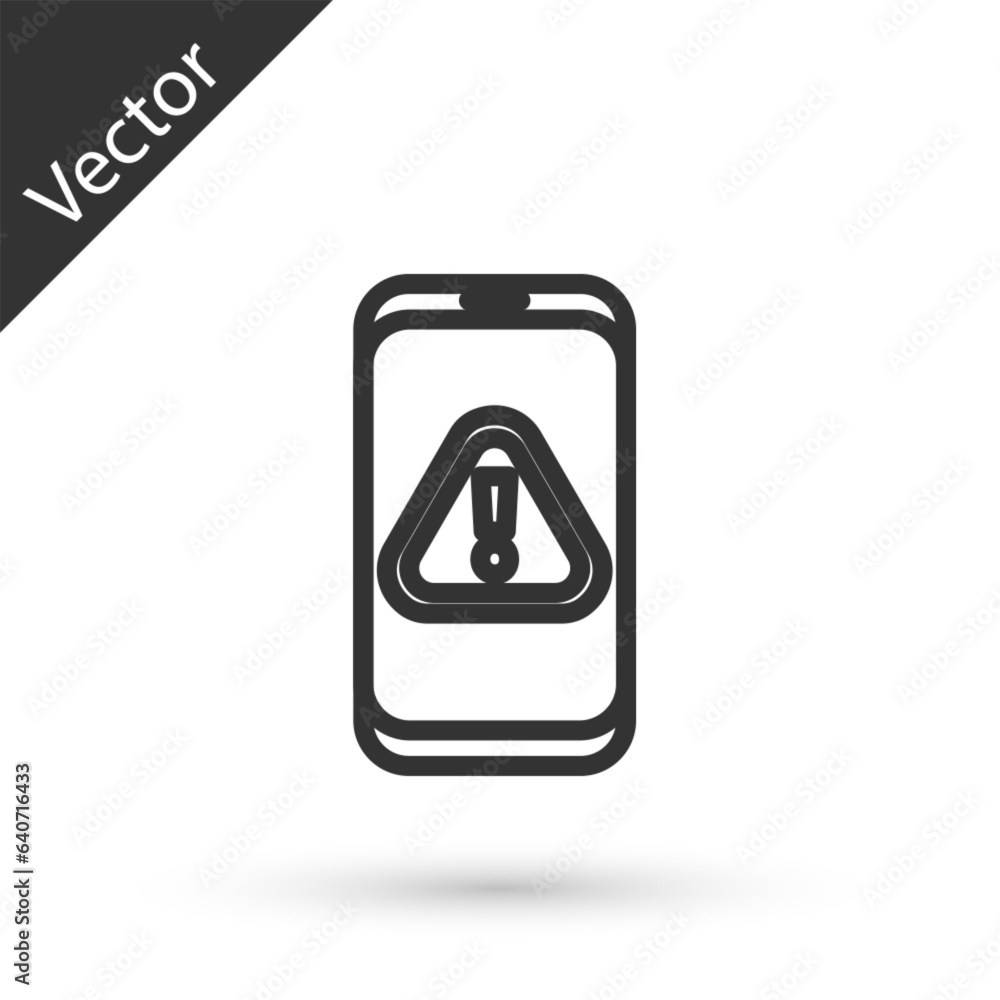 Poster grey line mobile phone with exclamation mark icon isolated on white background. alert message smartp