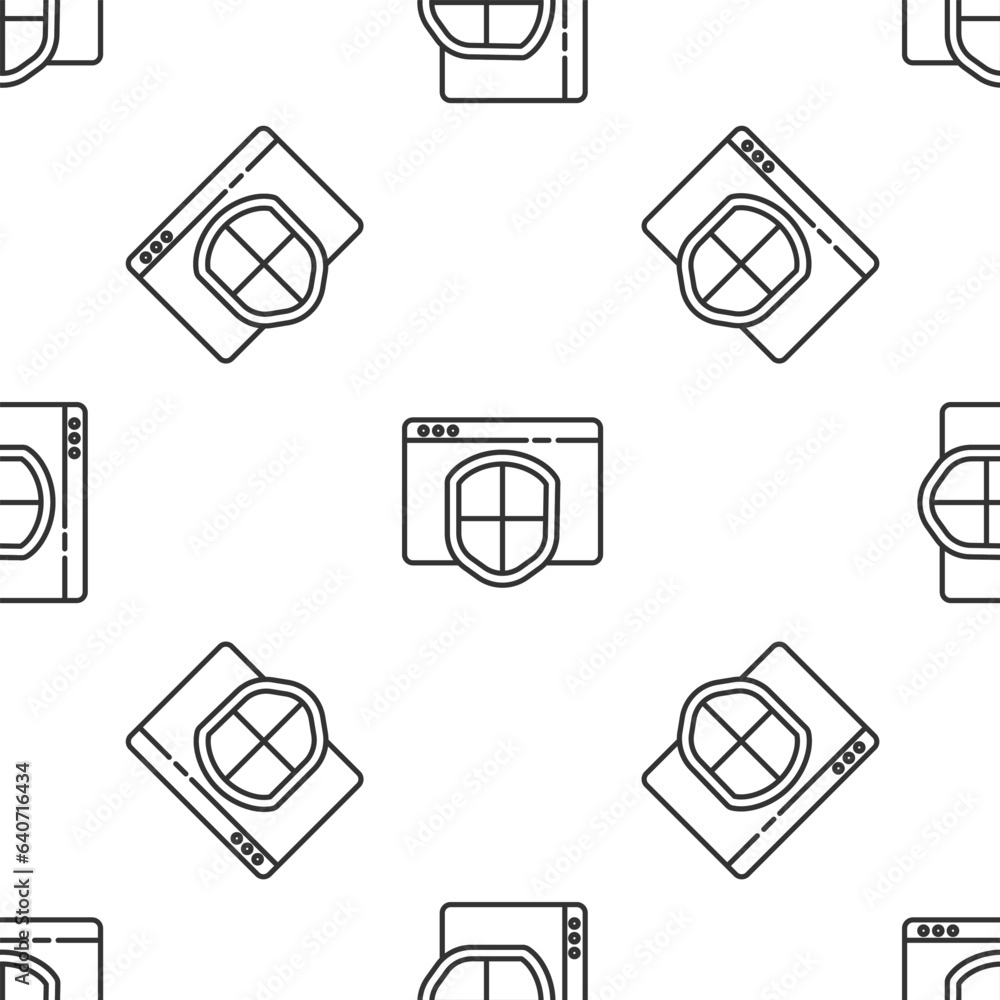 Poster grey line browser with shield icon isolated seamless pattern on white background. security, safety, 