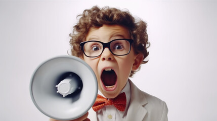 メガフォンを持ってメッセージを伝える子供のイラスト boy shouting a message through speaker megaphone. - obrazy, fototapety, plakaty