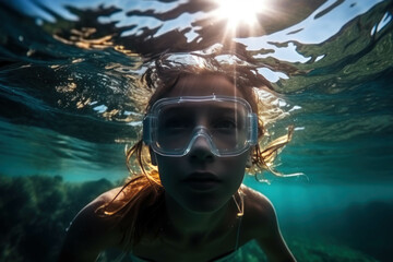 Underwater portrait of cute little girl in snorkeling mask.