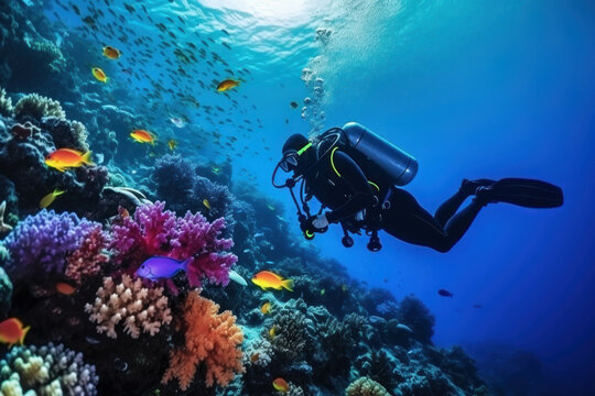 Scuba diver and colorful tropical coral reef with fish in the Red Sea.