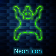 Glowing neon line Bear skin icon isolated on brick wall background. Vector