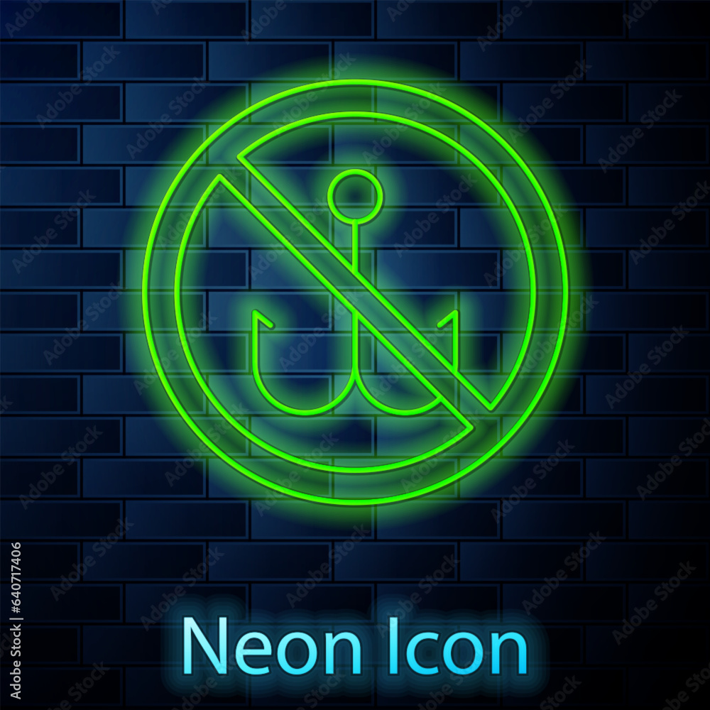 Poster glowing neon line no fishing icon isolated on brick wall background. prohibition sign. vector