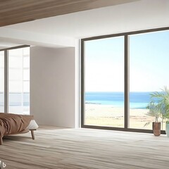 Beautiful Clean Natural Interior Design Minimalist Contemporary Interior Home Living Room with Seaside Ocean View Seen out the Background Windows Blue Sky Sea Sand Beach Summer Freshness Travel Season