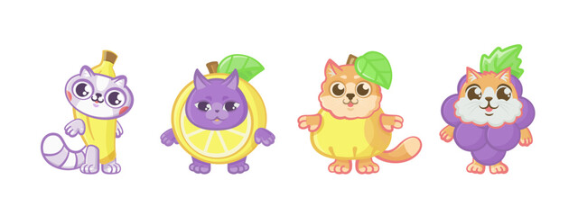 Set of cute happy cats in fruit costumes.