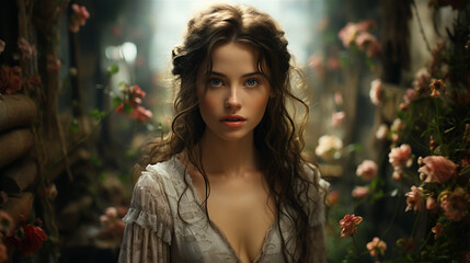 Fototapeta premium Generative AI, Beautiful girl with no make up in the autumn garden, aesthetic, muted neutral colors