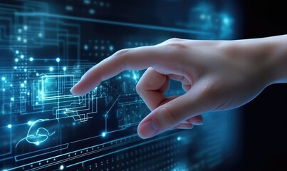 Close up of human hand touching icon on virtual screen