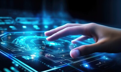 Close up of human hand touching icon on virtual screen