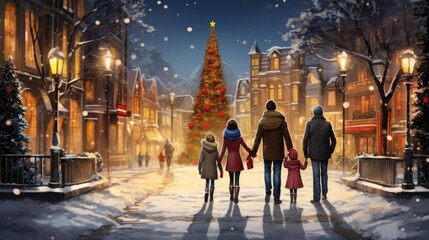 A painting of a family walking down a snowy street