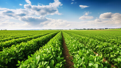 Fototapeta na wymiar Agricultural landscape with green soybean field. Generative AI.