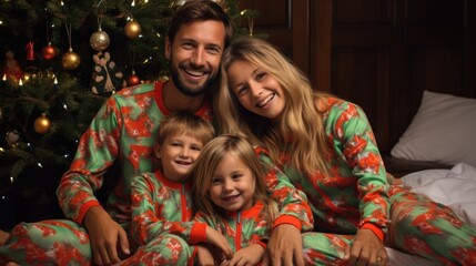 A man and woman and two children sitting near christmas tree  in matching pajamas