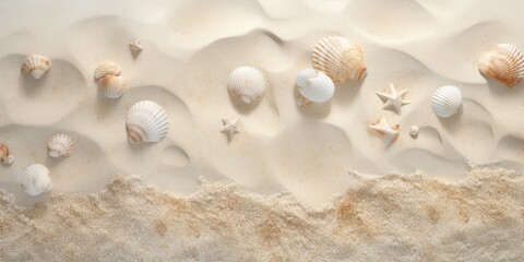Fototapeta na wymiar Aerial view of beautiful tropical beach with white sand and sea shells. Beach sand background with seashells and sand. Top view.