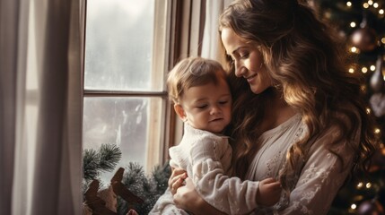 A woman holding a baby near a christmas tree