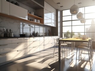 Generative AI illustration of contemporary kitchen interior with white cabinets and built in stove and oven in modern apartment with bright glass window