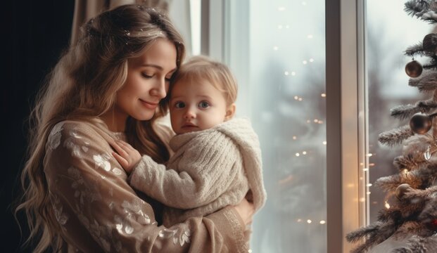 A woman holding a baby near a christmas tree