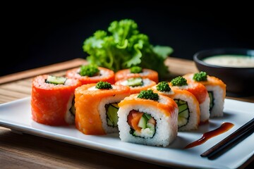 A plate of vibrant vegetable sushi rolls, made with fresh ingredients and served with soy sauce 