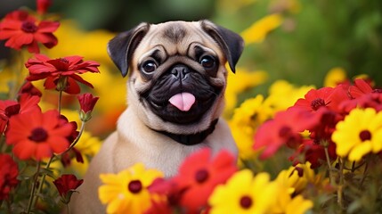 A small pug puppy with a happy grin with space for text surrounded by vibrant flowers in a garden, providing a cheerful atmosphere and a blank space for text. AI generated. - obrazy, fototapety, plakaty