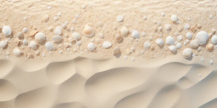 Aerial view of beautiful tropical beach with white sand and sea shells. Beach sand background with seashells and sand. Top view.