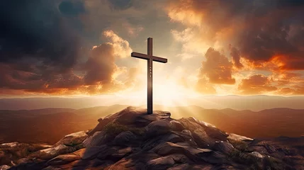 Foto op Plexiglas Amazing Resurrection: Christian Cross with Dramatic Sunset Background and Jesus Christ Crucifixion Concept © AIGen