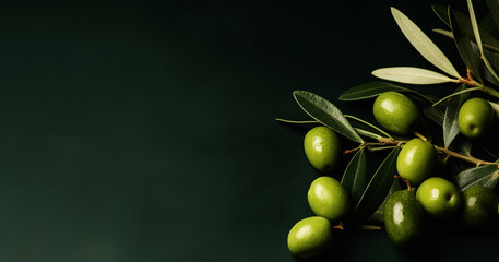 Green background with olive branch and olives. Generative AI.