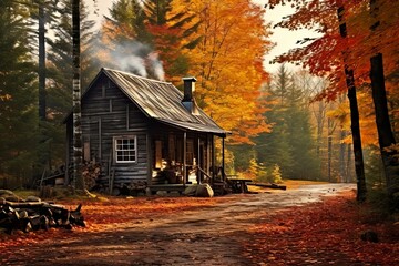 Fototapeta premium Maple Syrup Harvest in Canada's Rural Quebec: Cozy Autumn Sugar Shack Cabin in the Forest