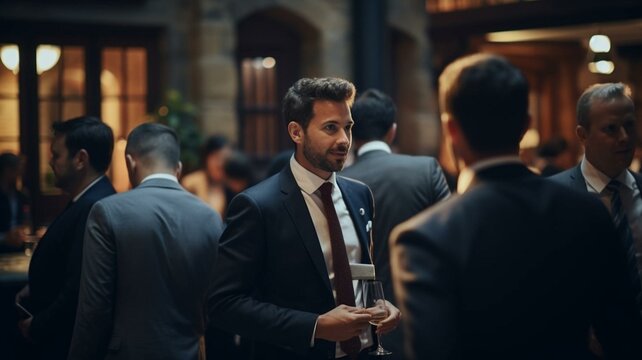 Business men talking at networking event