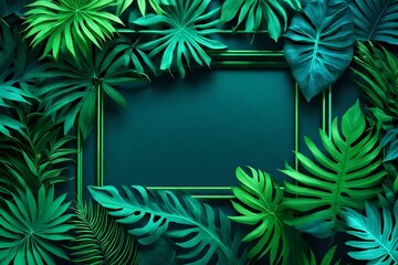 Tropical Leaves Illuminated neon frame with Blue and Green