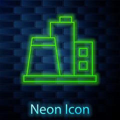 Glowing neon line Factory icon isolated on brick wall background. Industrial building. Vector
