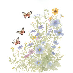 Watercolor illustration of little butterflys and green leaves with wild flower on white isolated background. Watercolor pattern, Wild flowers and butterflies.