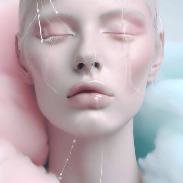 Rose Quartz & Serenity Blue Portrait of a Woman with Closed Eyes · Surrounded by Clouds in Peaceful Mind · Mindfulness Concept Art