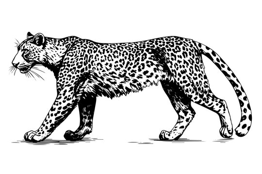 Black and white hand drawn ink sketch of leopard walks. Vector illustration.