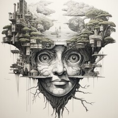 Fantasy alien face with tree and city. Digital art illustration.