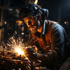 A Welder is looking into the sparks as they work in the closing hours of the day arcs of light radiating from their figure. Smoke melding with the air as the helm and apron clear signs of welders