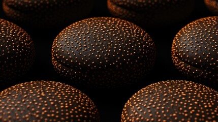 Fresh baked hamburger bun with sesame seed as background, full frame, top view.