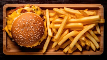 Obraz na płótnie Canvas Top view of tasty cheeseburger with french fries on wooden board