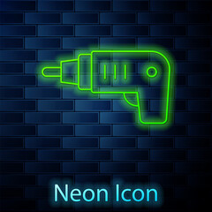 Glowing neon line Electric cordless screwdriver icon isolated on brick wall background. Electric drill machine. Repair tool. Vector